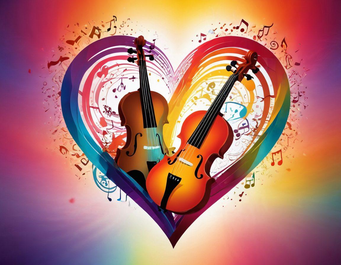 A heart-shaped musical note intertwined with vibrant sound waves, symbolizing connection and harmony. The background features soft silhouettes of a couple embracing, surrounded by colorful musical instruments like violins and guitars. Gentle rays of light illuminate the scene, creating a warm and inviting atmosphere. The overall color palette should evoke feelings of love and warmth. super-realistic. vibrant colors. soft focus.