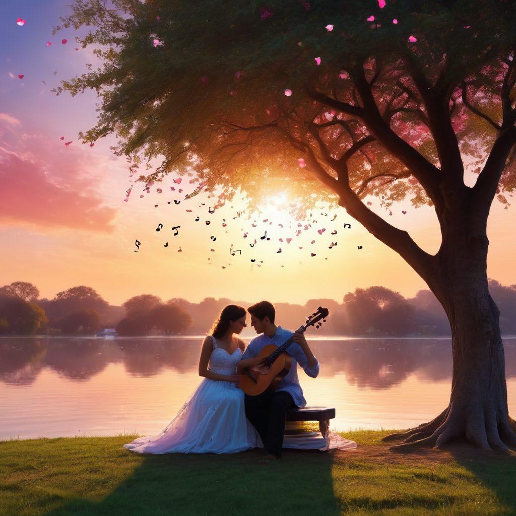 A romantic scene featuring a couple sitting together under a tree, surrounded by floating musical notes that intertwine with glowing hearts. The soft sunset casts warm light on the couple, reflecting their joy and connection. Musical instruments like a guitar and a violin rest nearby, symbolizing their shared love for music. The atmosphere is filled with vibrant colors that evoke harmony and affection. super-realistic. vibrant colors. dreamy background.