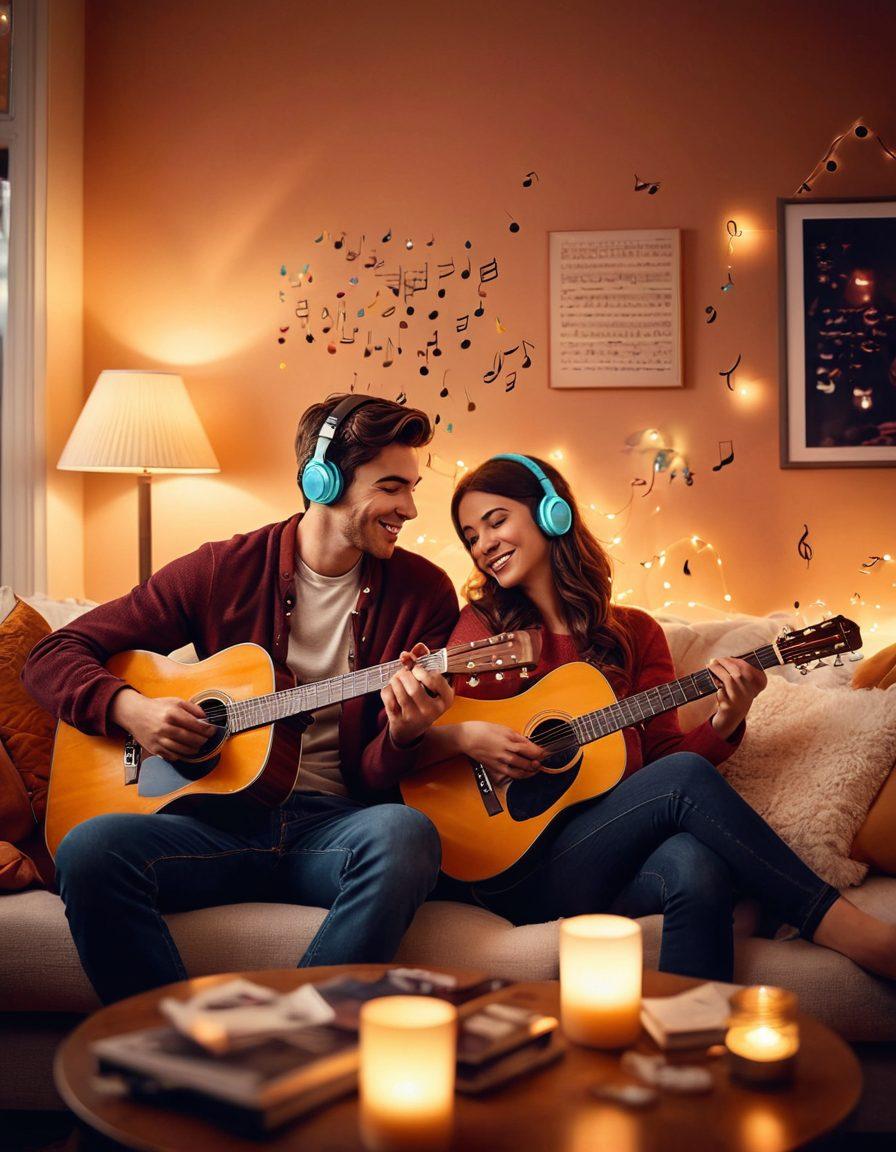 A cozy living room scene featuring a couple sitting close together on a sofa, sharing a pair of headphones while smiling at each other. Surrounding them are musical notes and soft, glowing lights that represent the warmth of their love. Include elements like a guitar and vinyl records to symbolize music's role in their relationship. The color palette should be warm and inviting, with a dreamy atmosphere. vibrant colors. soft focus.
